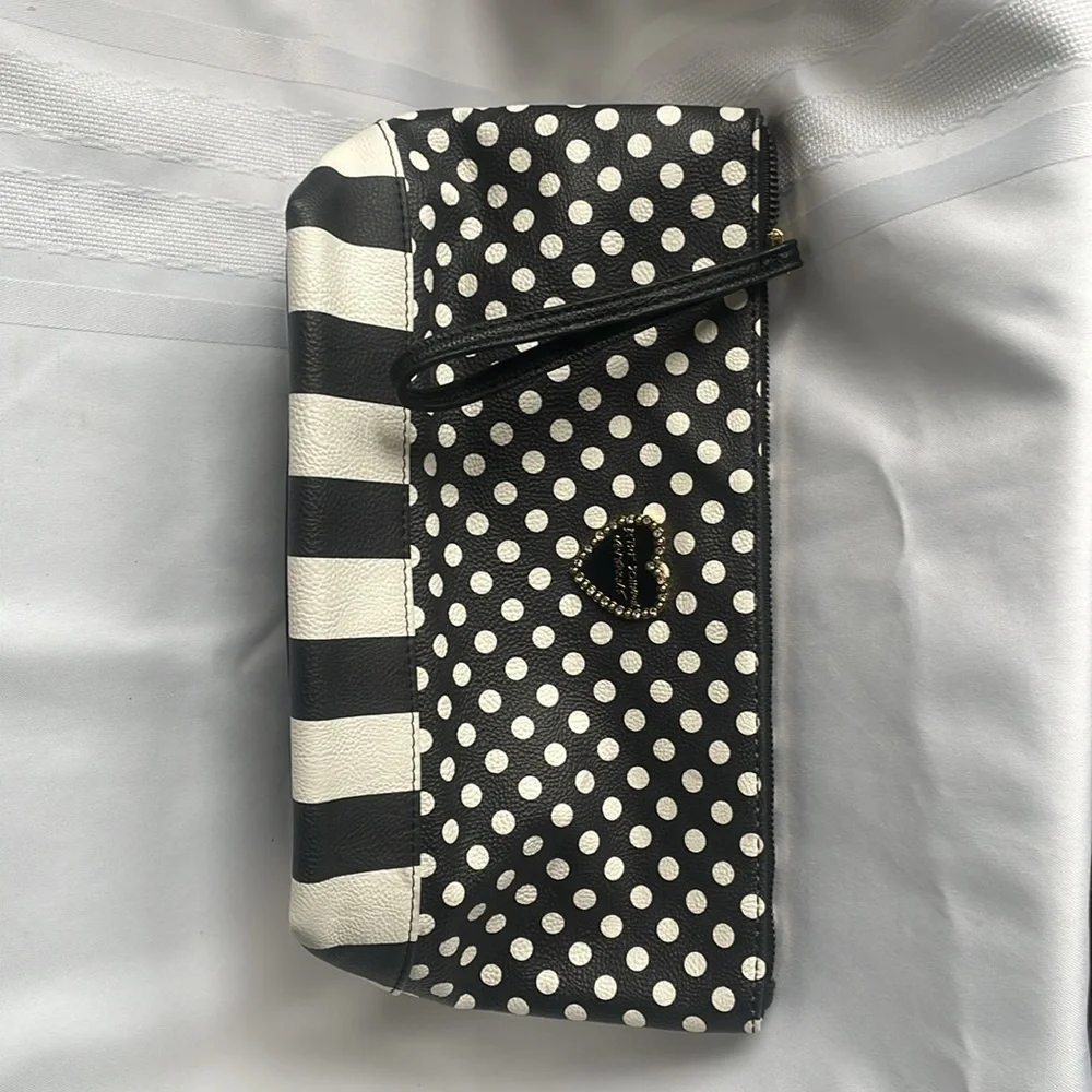 Betsy Johnson B & W polka dot with stripes cosmetic bag